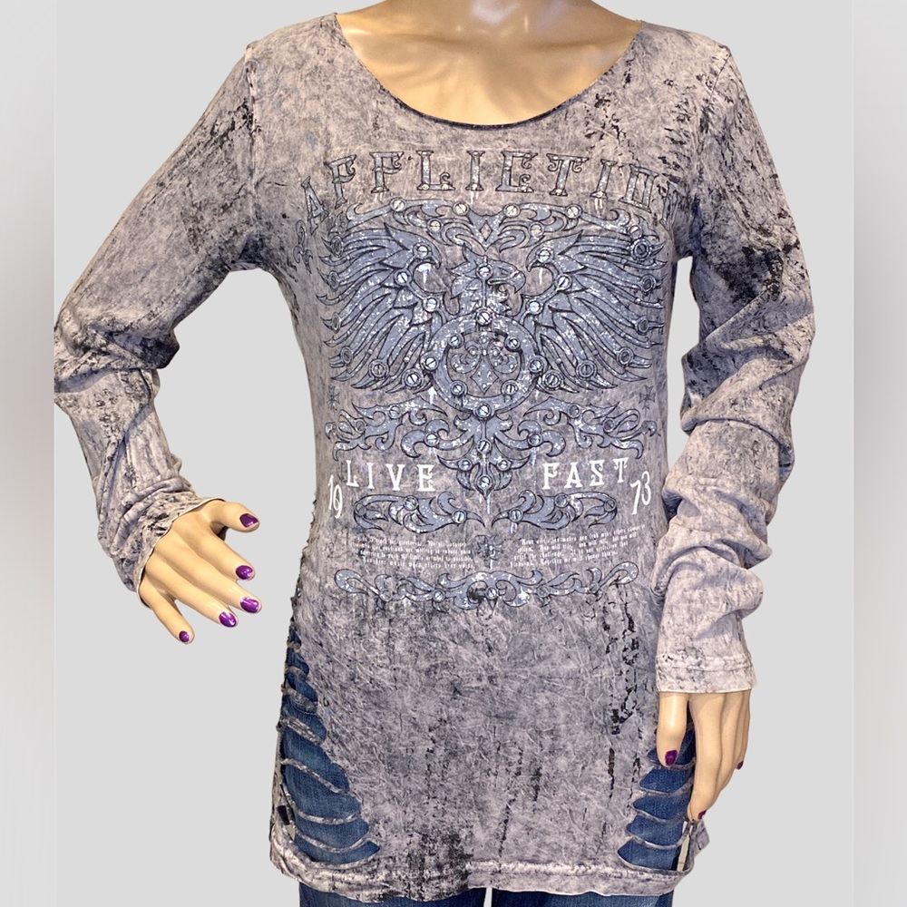 Affliction Distressed Acid-Wash-Look Slashed Long Sleeve Tee Shirt Sz Medium VGC